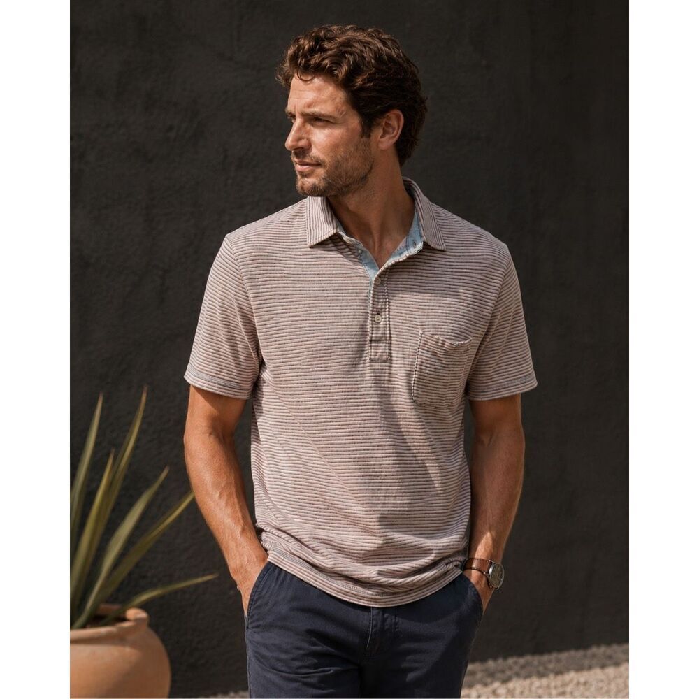 Faherty Striped Knit Polo Shirt XL Pink Blue Pocket Coastal Casual Luxury C25